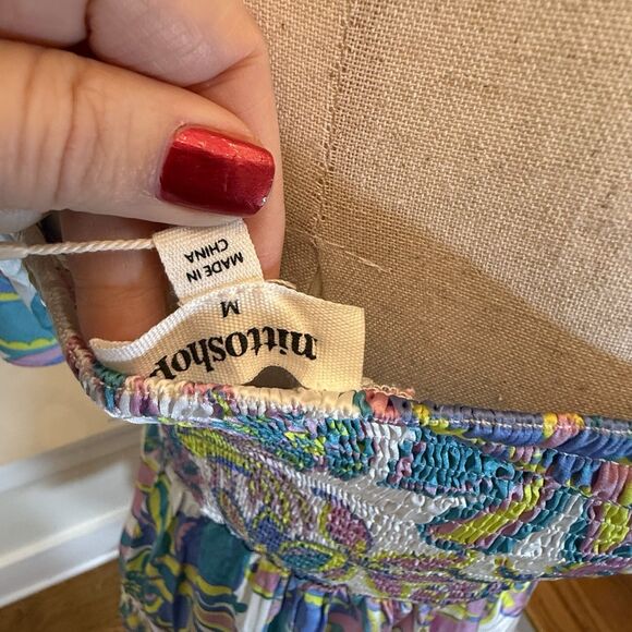 Mittoshop Dress Women Sz.Medium Silky Mini Floral Short Puff Sleeve Smocked - Picture 8 of 10